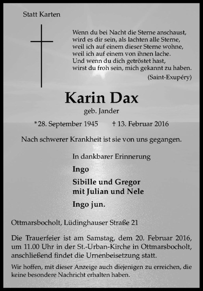  Traueranzeige für Karin Dax vom 17.02.2016 aus Westfälische Nachrichten