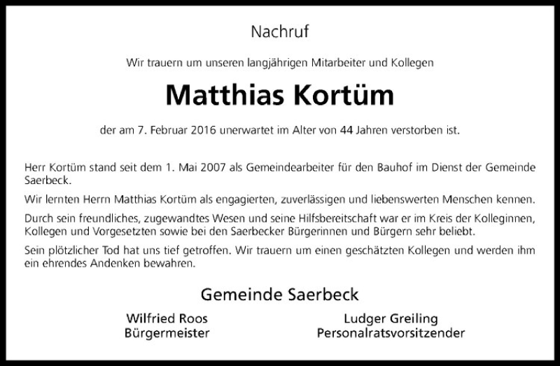  Traueranzeige für Matthias Kortüm vom 17.02.2016 aus Westfälische Nachrichten