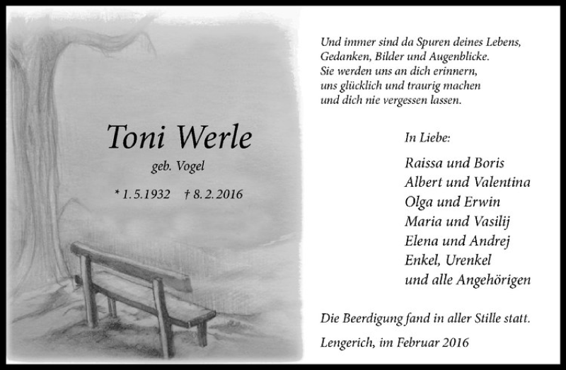  Traueranzeige für Toni Werle vom 27.02.2016 aus Westfälische Nachrichten