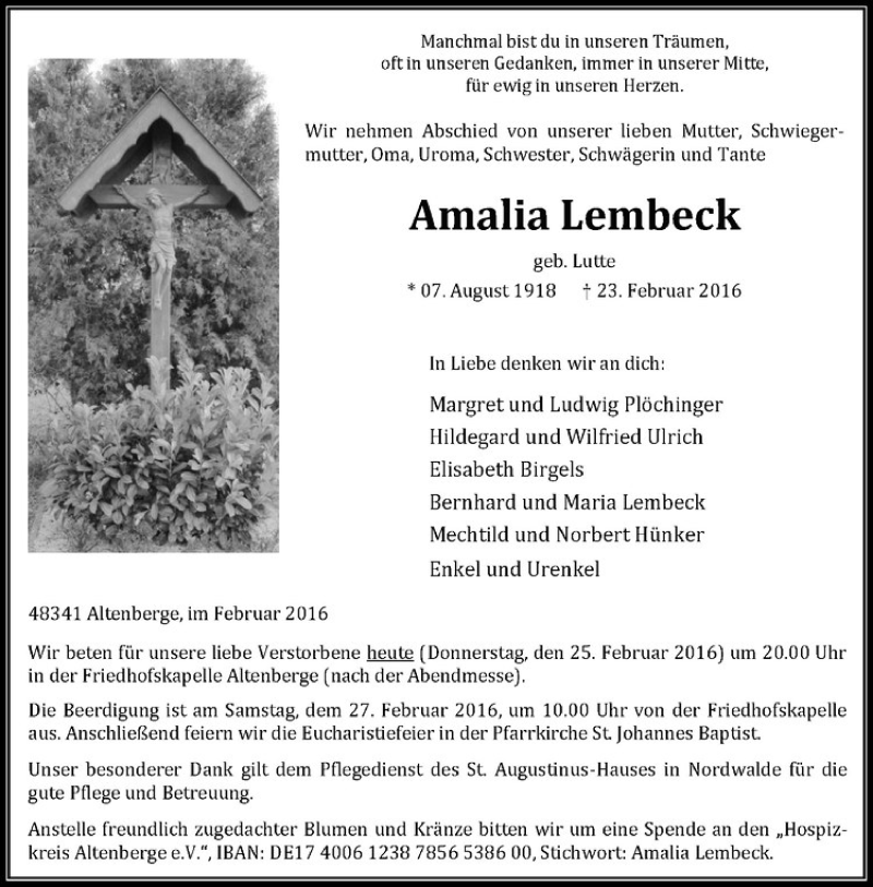  Traueranzeige für Amailia Lembeck vom 25.02.2016 aus Westfälische Nachrichten