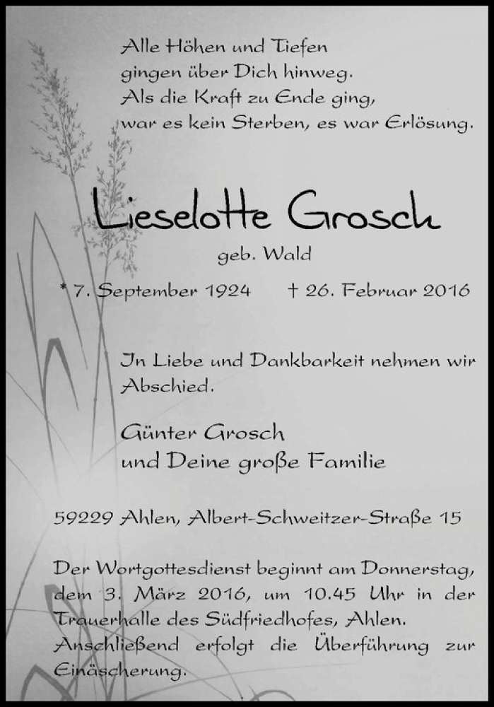  Traueranzeige für Lieselotte Grosch vom 29.02.2016 aus Westfälische Nachrichten
