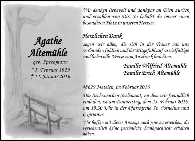  Traueranzeige für Agathe Altemühle vom 22.02.2016 aus Westfälische Nachrichten