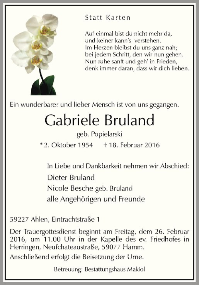  Traueranzeige für Gabriele Bruland vom 23.02.2016 aus Westfälische Nachrichten