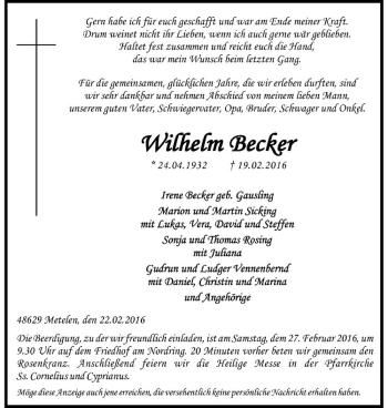 Anzeige von Wilhelm Becker von Westfälische Nachrichten