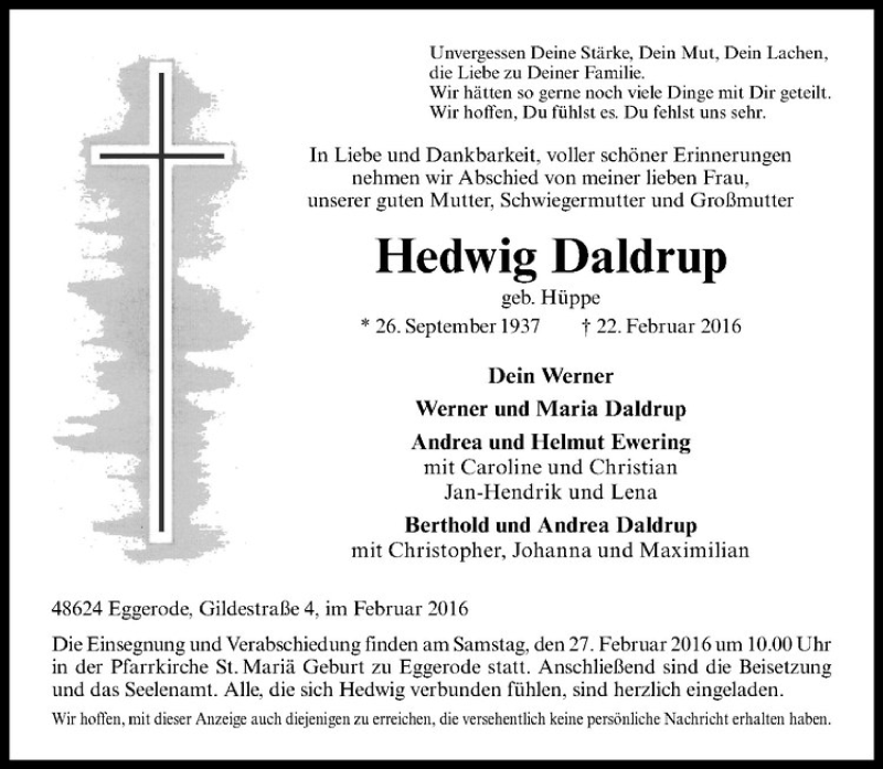  Traueranzeige für Hedwig Daldrup vom 25.02.2016 aus Westfälische Nachrichten