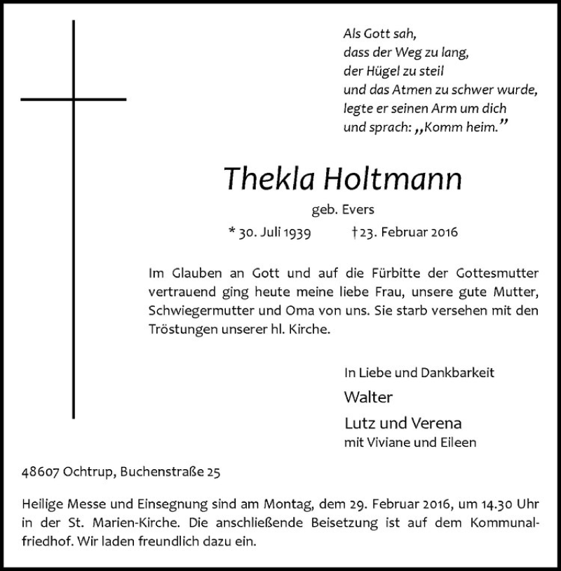  Traueranzeige für Thekla Holtmann vom 26.02.2016 aus Westfälische Nachrichten
