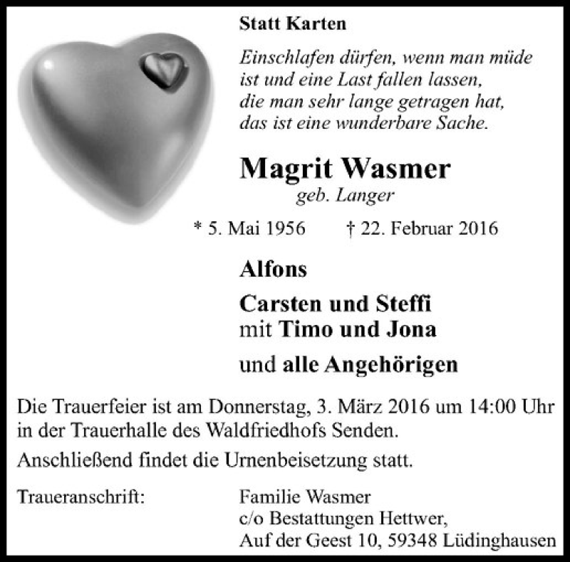  Traueranzeige für Magrit Wasmer vom 27.02.2016 aus Westfälische Nachrichten