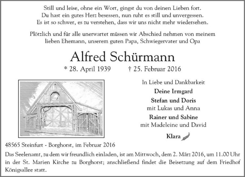  Traueranzeige für Alfred Schürmann vom 29.02.2016 aus Westfälische Nachrichten