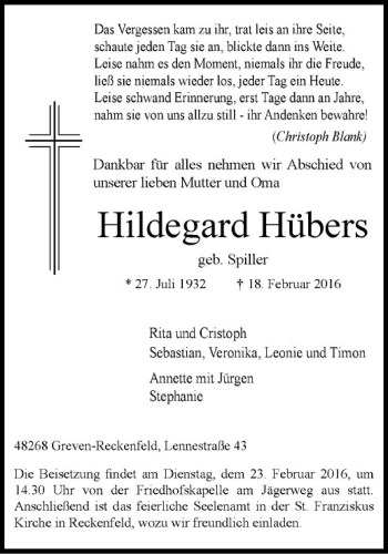 Anzeige von Hildegard Hübers von Westfälische Nachrichten