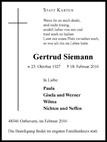 Anzeige von Gertrud Siemann von Westfälische Nachrichten