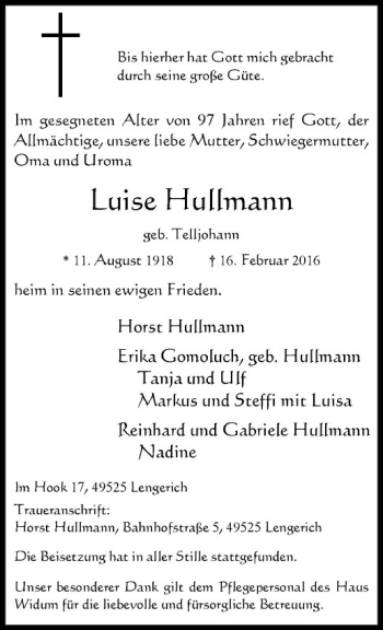 Anzeige von Luise Hulmann von Westfälische Nachrichten