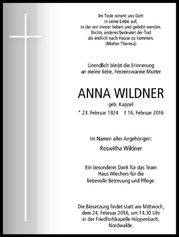 Anzeige von Anna Wildner von Westfälische Nachrichten