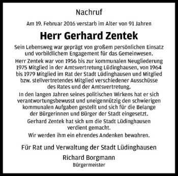 Anzeige von Gerhard Zentek von Westfälische Nachrichten