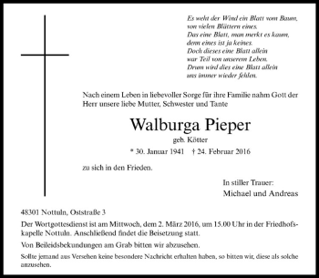 Anzeige von Walburga Pieper von Westfälische Nachrichten