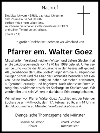 Anzeige von Walter Hermann Goez von Westfälische Nachrichten