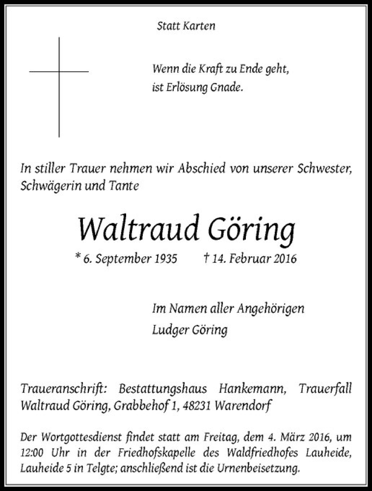  Traueranzeige für Waltraud Göring vom 20.02.2016 aus Westfälische Nachrichten