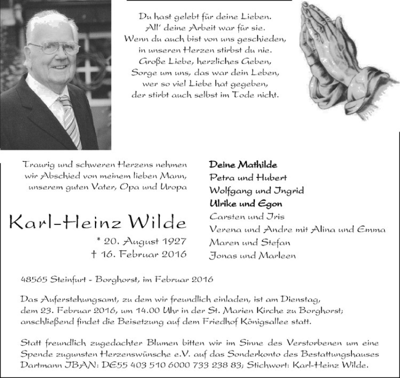  Traueranzeige für Karl-Heinz Wilde vom 20.02.2016 aus Westfälische Nachrichten
