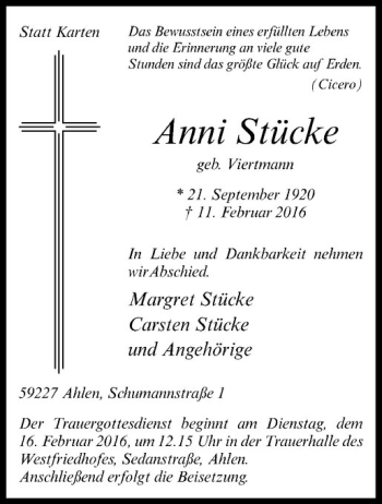 Anzeige von Anni Stücke von Westfälische Nachrichten