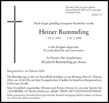 Anzeige von Heiner Rummeling von Westfälische Nachrichten