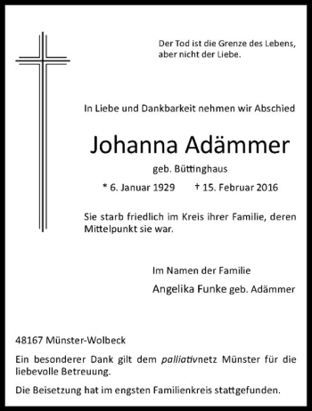 Anzeige von Johanna Adämmer von Westfälische Nachrichten