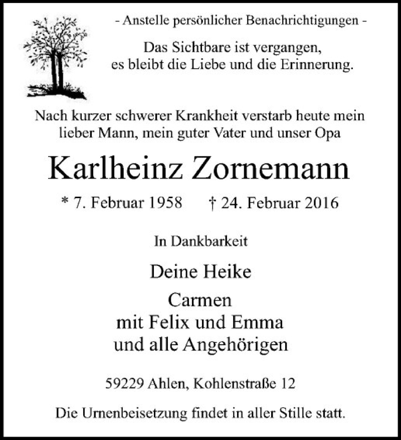  Traueranzeige für Karlheinz Zornemann vom 27.02.2016 aus Westfälische Nachrichten