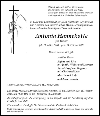 Anzeige von Antonia Hannekotte von Westfälische Nachrichten