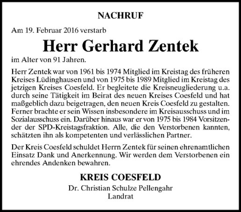  Traueranzeige für Gerhard Zentek vom 25.02.2016 aus Westfälische Nachrichten