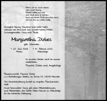 Anzeige von Margaretha Dirkes von Westfälische Nachrichten