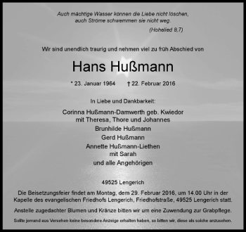 Anzeige von Hans Hußmann von Westfälische Nachrichten