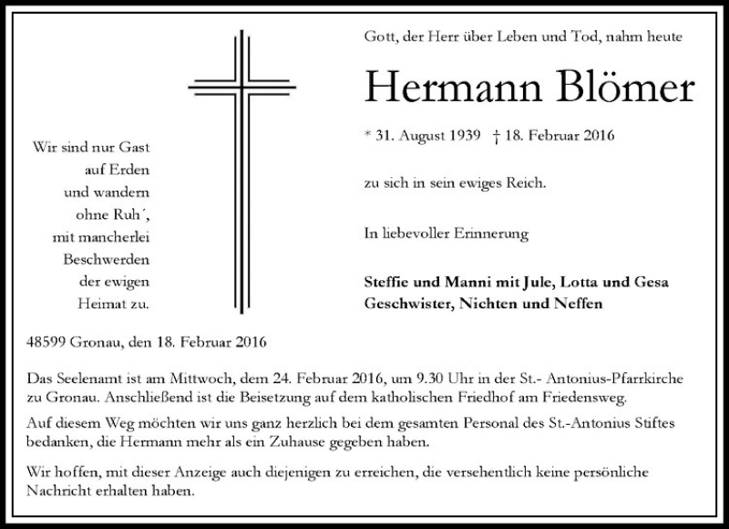  Traueranzeige für Hermann Blömer vom 20.02.2016 aus Westfälische Nachrichten