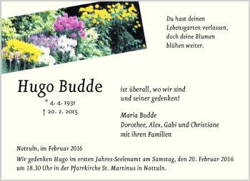Anzeige von Hugo Budde von Westfälische Nachrichten