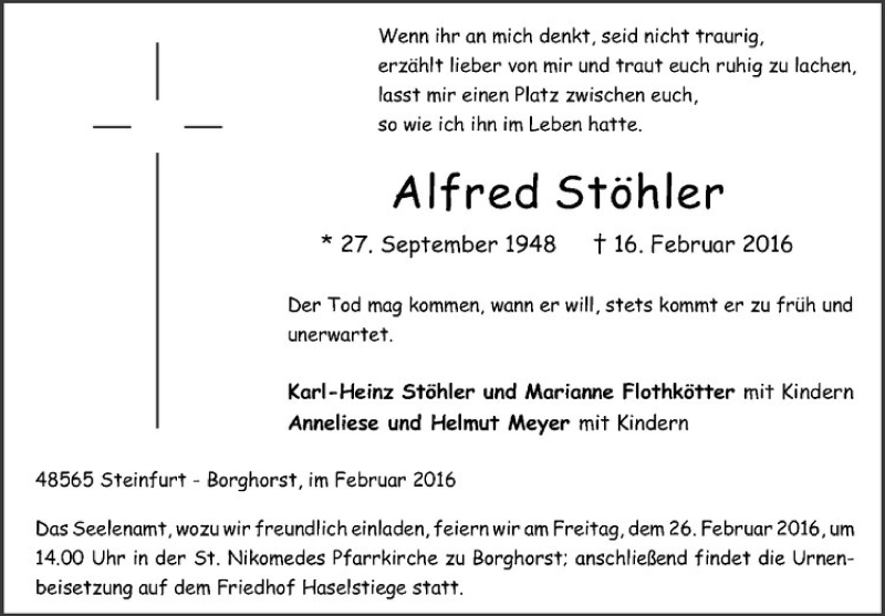  Traueranzeige für Alfred Stöhler vom 20.02.2016 aus Westfälische Nachrichten