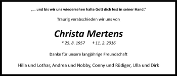 Anzeige von Christa Mertens von Westfälische Nachrichten