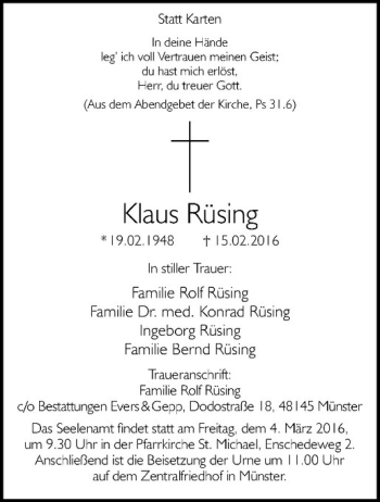 Anzeige von Klaus Rüsing von Westfälische Nachrichten