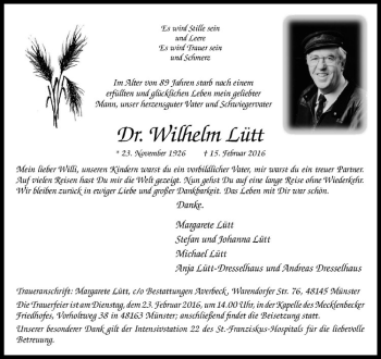 Anzeige von Wilhelm Lütt von Westfälische Nachrichten