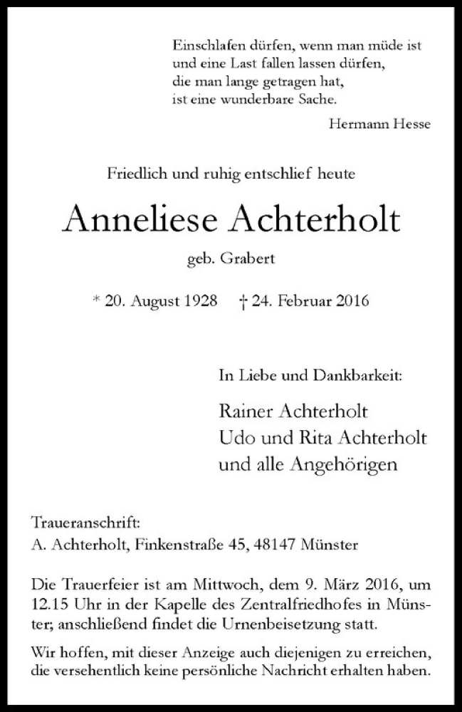  Traueranzeige für Anneliese Achterholt vom 27.02.2016 aus Westfälische Nachrichten