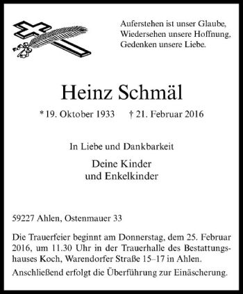 Anzeige von Heinz Schmäl von Westfälische Nachrichten
