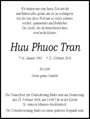 Anzeige von Huu Phuoc Tran von Westfälische Nachrichten