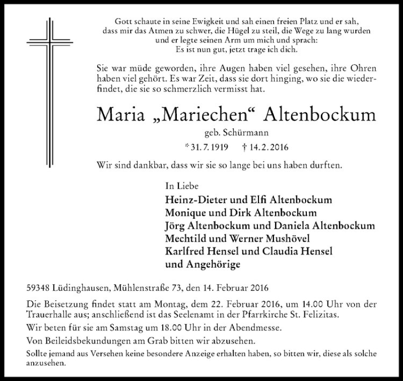  Traueranzeige für Maria Altenbockum vom 17.02.2016 aus Westfälische Nachrichten