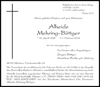 Anzeige von Alheide Mehring-Böttger von Westfälische Nachrichten