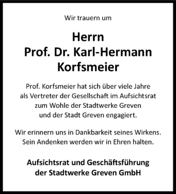Anzeige von Karl-Hermann Korfsmeier von Westfälische Nachrichten