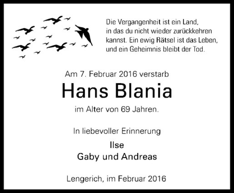  Traueranzeige für Hans Blania vom 24.02.2016 aus Westfälische Nachrichten