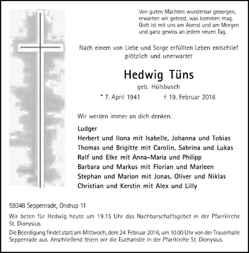  Traueranzeige für Hedwig Tüns vom 22.02.2016 aus Westfälische Nachrichten