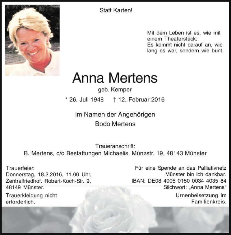  Traueranzeige für Anna Mertens vom 15.02.2016 aus Westfälische Nachrichten
