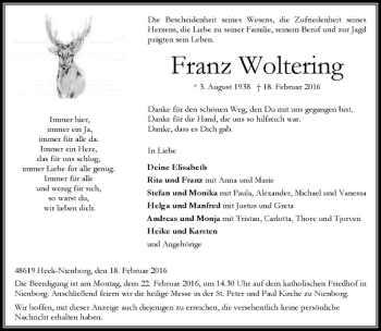 Anzeige von Franz Woltering von Westfälische Nachrichten