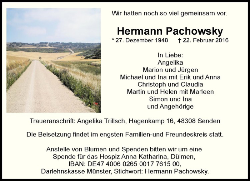  Traueranzeige für Hermann Pachowsky vom 25.02.2016 aus Westfälische Nachrichten