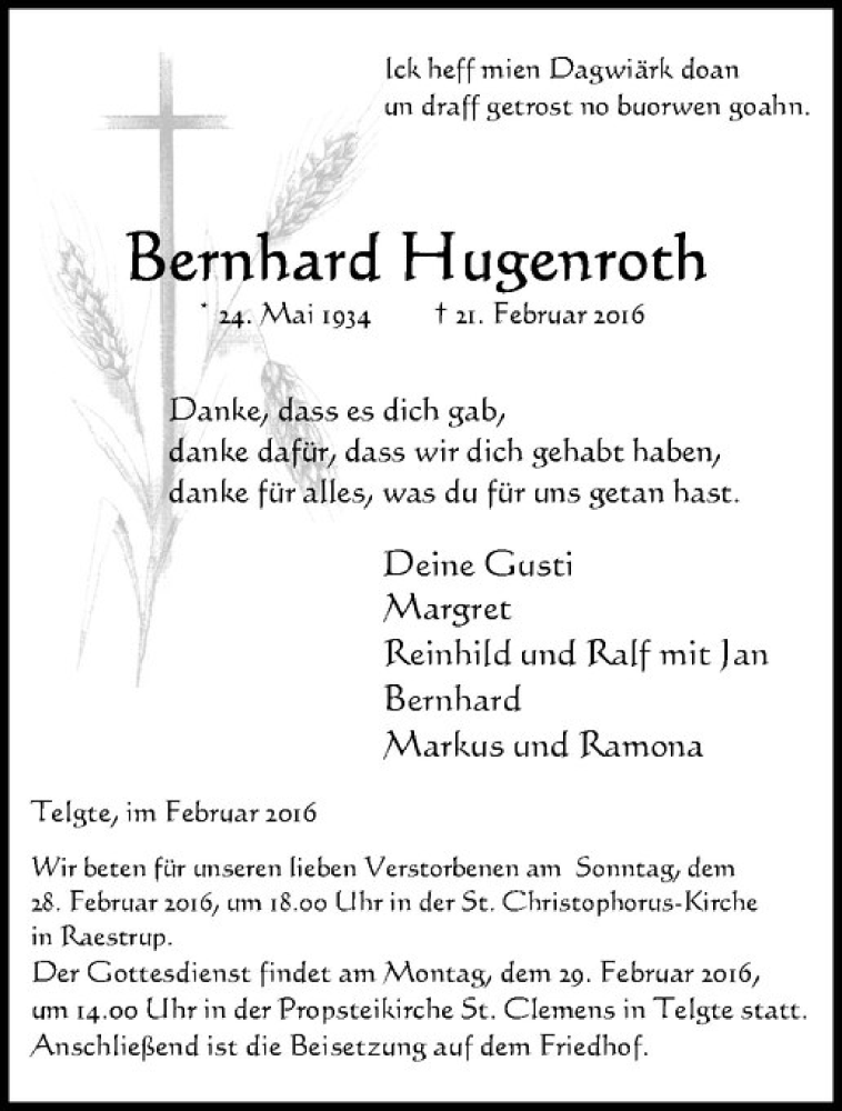  Traueranzeige für Bernhard Hugenroth vom 26.02.2016 aus Westfälische Nachrichten