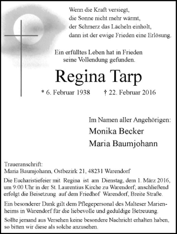 Anzeige von Regina Tarp von Westfälische Nachrichten