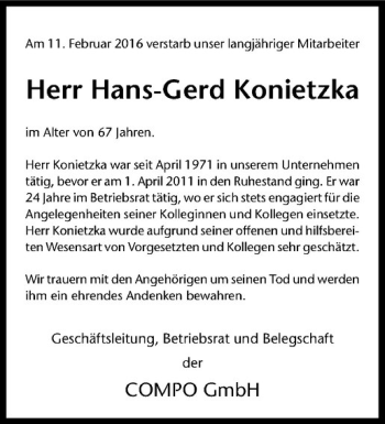 Anzeige von Hans-Gerd Konietzka von Westfälische Nachrichten