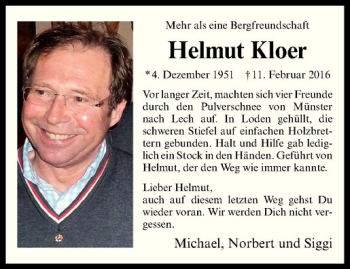 Anzeige von Helmut Kloer von Westfälische Nachrichten